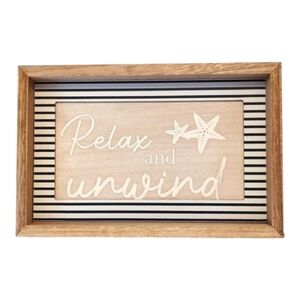 "Relax and Unwind" Modern Coastal Free Standing Wall Plaque Sign Starfish Blue